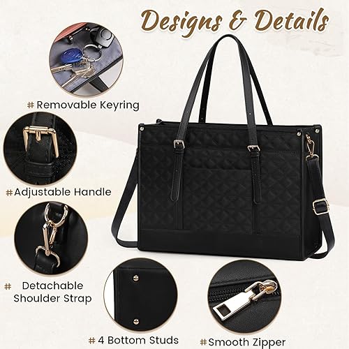 Miniatura 3 de IGOLUMON Bolsa para laptop para mujer, 15.6 pulgadas, de cuero vegano, bolsa de mano acolchada para mujer, maletín de diseñador para laptop, para