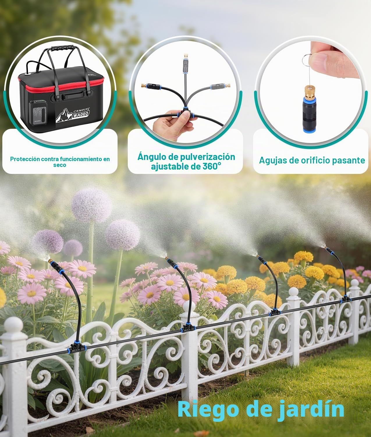 WADEO Sistema de refrigeración por nebulización con bomba de 6000 mAh, cubo de agua de 22 litros, manguera de 8 m, 8 boquillas de latón y 10 abrazaderas, para terrazas, jardines y céspedes