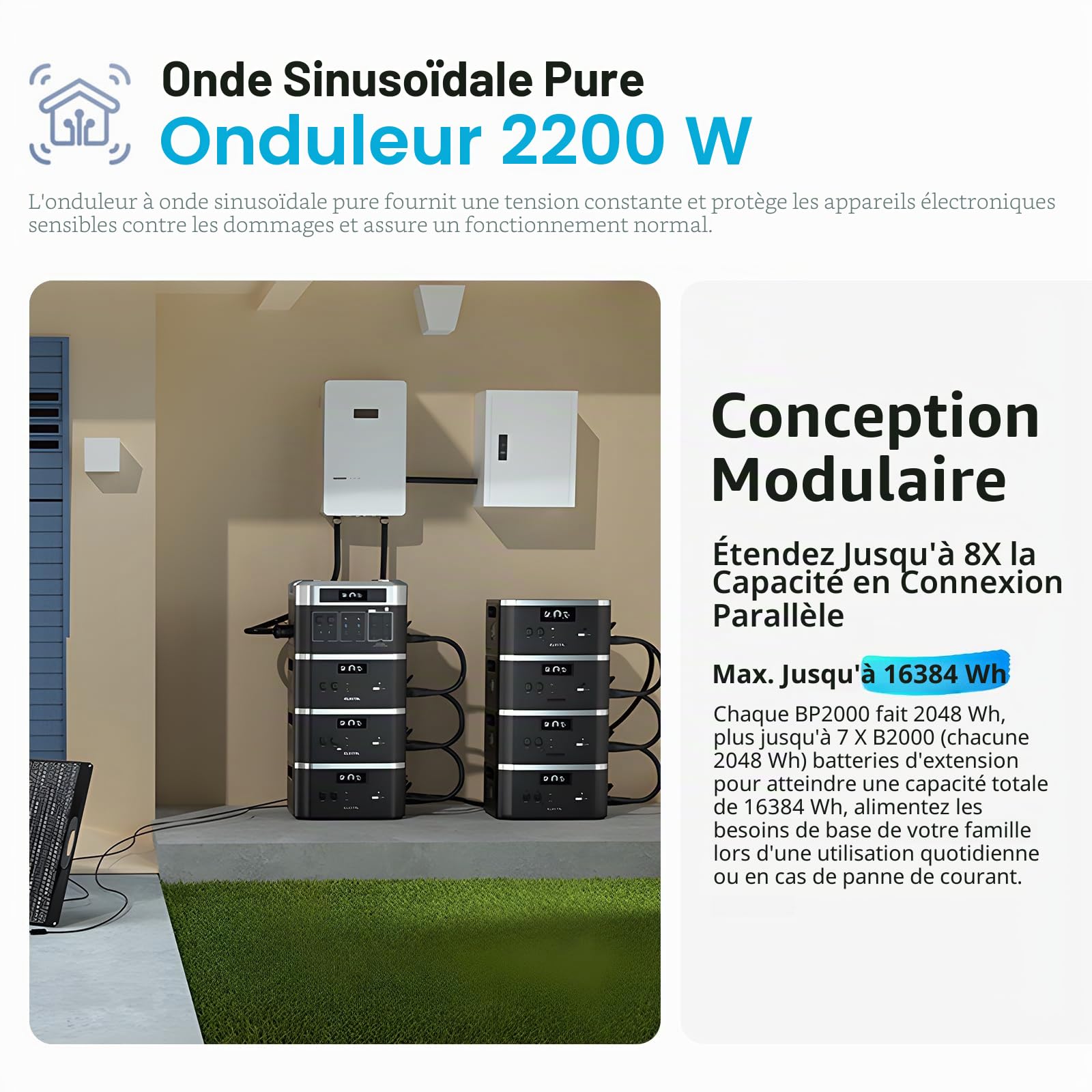 Centrale électrique portable B20000E, batterie LiFePO4 de secours 2048 Wh, sortie AC sinusoïdale pure de 2200 W, générateur solaire avec 1 batterie extensible – Panneau solaire non inclus