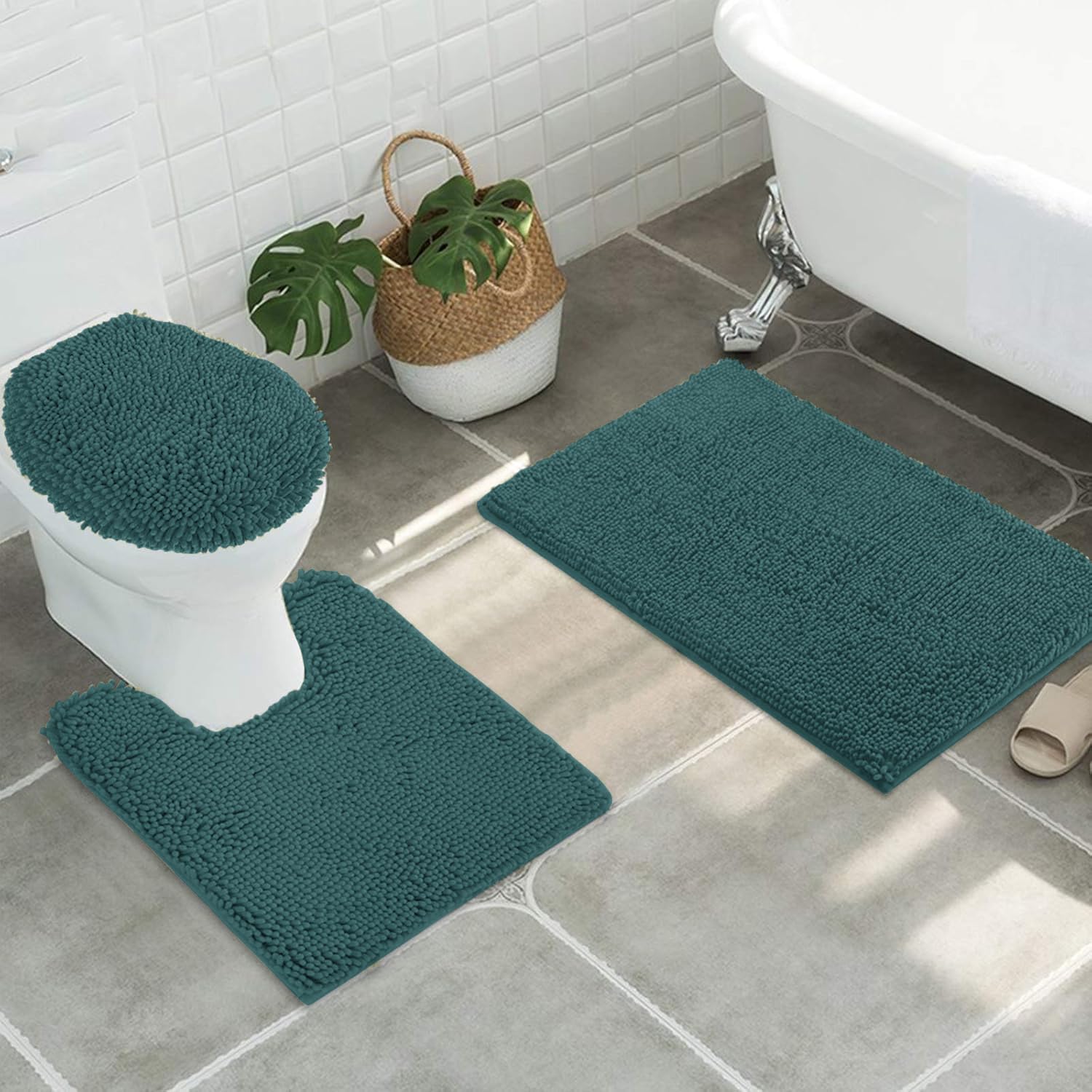 Standard 3pc Set Chenille Bath Mats, Includes 21"x24" U-Shaped Contour Toilet Rug, 21"x34" Inches Bathmat and 1 Toilet Lid Cover, Plush Absorbent Bath Mats Quick Dry, Teal