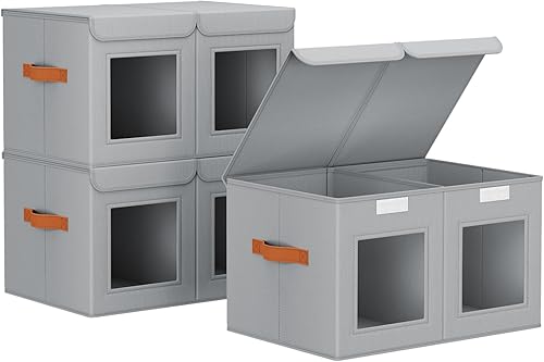 Miniatura 10 de Cajas de almacenamiento grandes para armario - Organizador de ropa plegable dividido con tapas y ventana doble, contenedores organizadores de tela