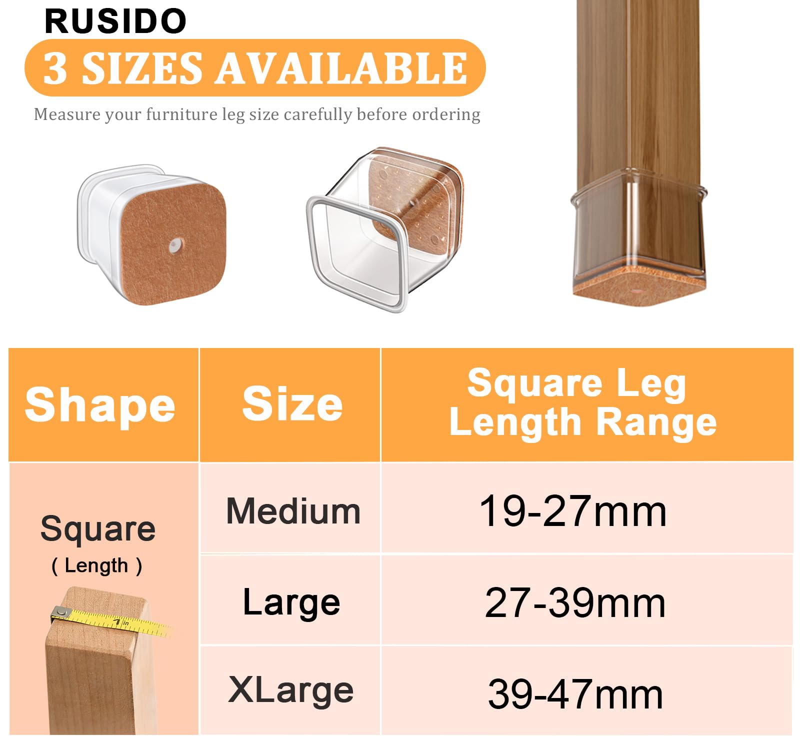 20 Stück Stuhlbeinkappen Eckig, Klare Stuhlbeinschoner, Stuhlgleiter, Silikon Schutzkappen für Stuhlbeine, Filzgleiter für Holzböden(Für Seitenlänge: 27-39mm), Boden vor Kratzern Schützen