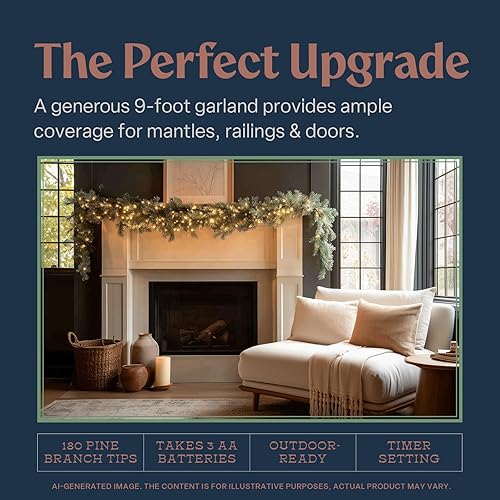 Miniatura 4 de Flexible Flyer Guirnalda de luces con pilas de 9 pies. Decoración navideña iluminada por LED de 9 pies para interiores, guirnalda de Navidad de pino