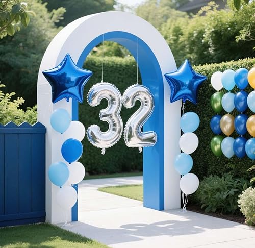 Vista 20 de Decoración de fiesta de cumpleaños número 31, color azul plateado para hombres, pancarta de feliz cumpleaños número 31, globos de papel de aluminio