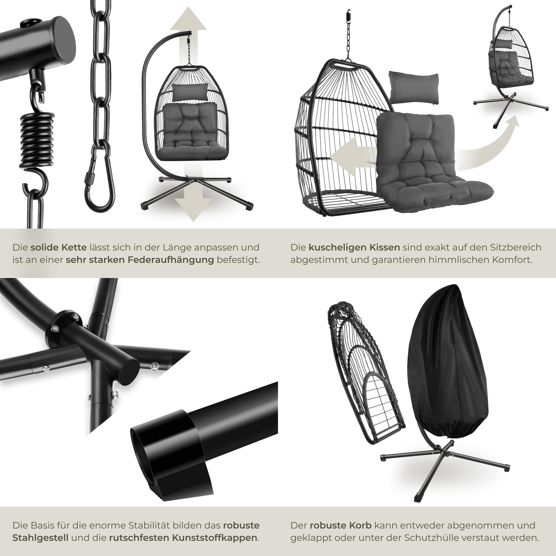 tectake® Hängesessel mit Gestell, Dicke Kissen, Möbel, Deko für Wohnzimmer, Jugendzimmer, Balkon, Outdoor oder Indoor Schaukel Sessel, Kinder & Erwachsene, belastbar bis 160kg - dunkelgrau - 5