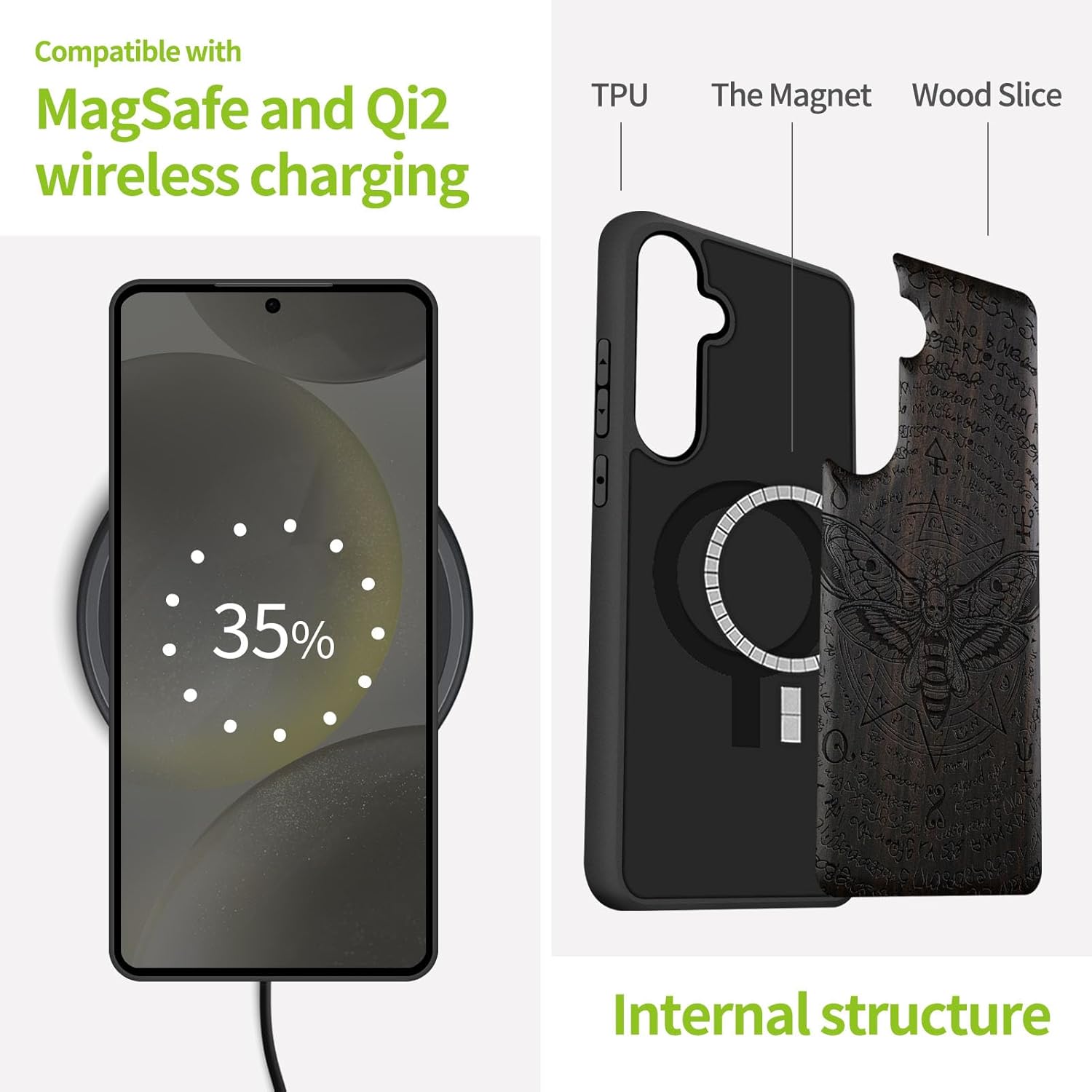 Carveit Magnetic Wooden Case for Samsung Galaxy S25 Case 2025, TPU Shockproof Cover & Wood Artisan Engraved, Compatible with MagSafe Wireless Chargers (Death's Head Moth) Blackwood