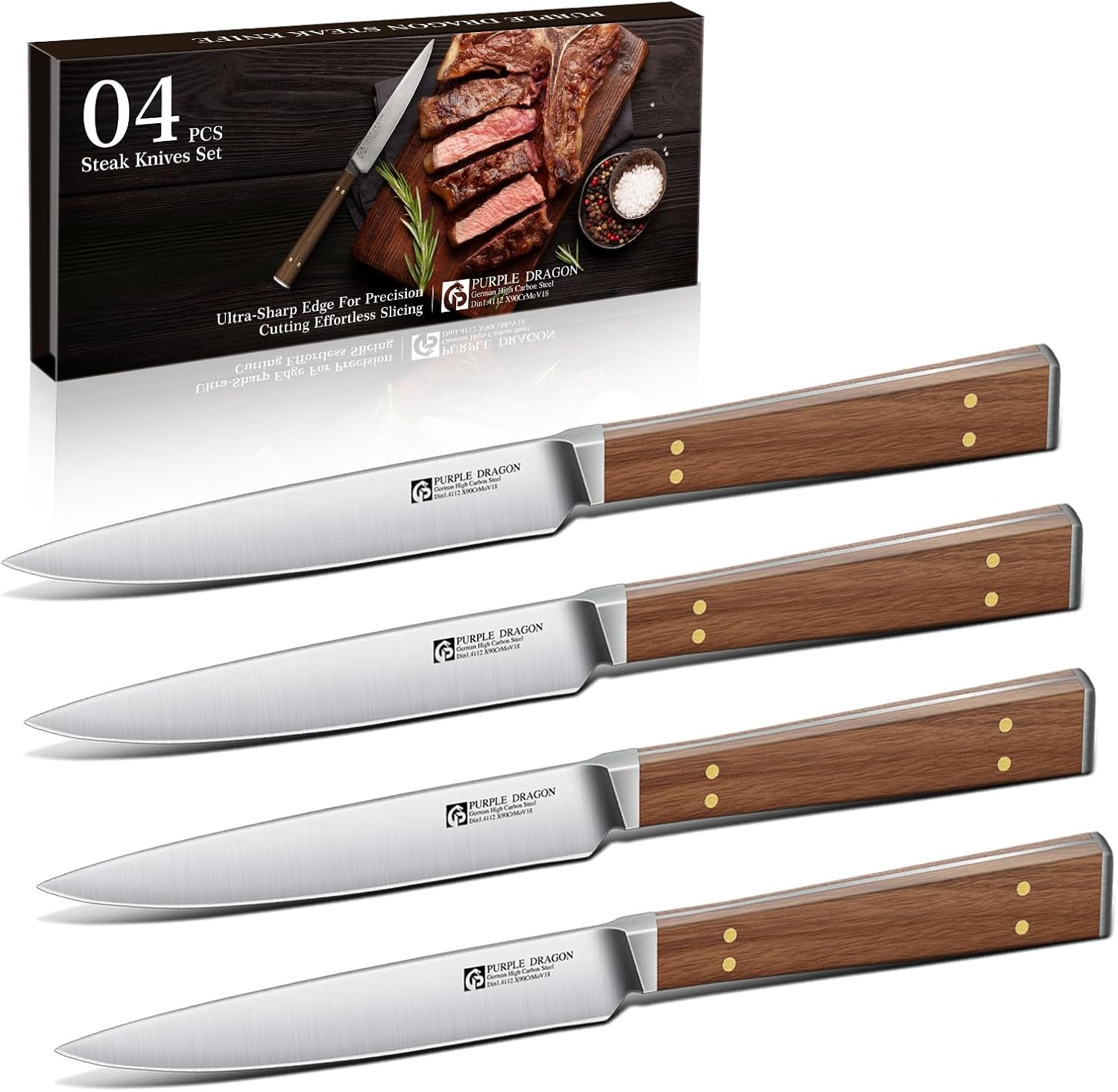 Purple Dragon Steak Knives Set of 4 - Smooth Edge Non-Serrated Blade with Square Wooden Handle – Elegant, Balanced, High Carbon German Steel - Christmas Gift for Men and Women