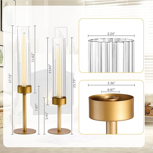 Miniatura 4 de Volens Portavelas de cristal dorado Hurricane juego de 6 portavelas cónicos con cilindro acanalado de 11 pulgadas de alto, cubierta de chimenea