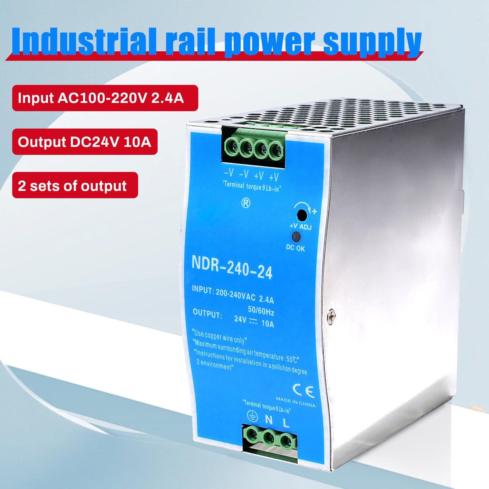 240 W szyny montażowe, zasilacz sieciowy 24 V na szynę DIN, wejście AC 100-220 V, 2,4 A, wyjście DC 24 V 10 A, wiele funkcji ochronnych, model przemysłowy NDR-240W-24V.