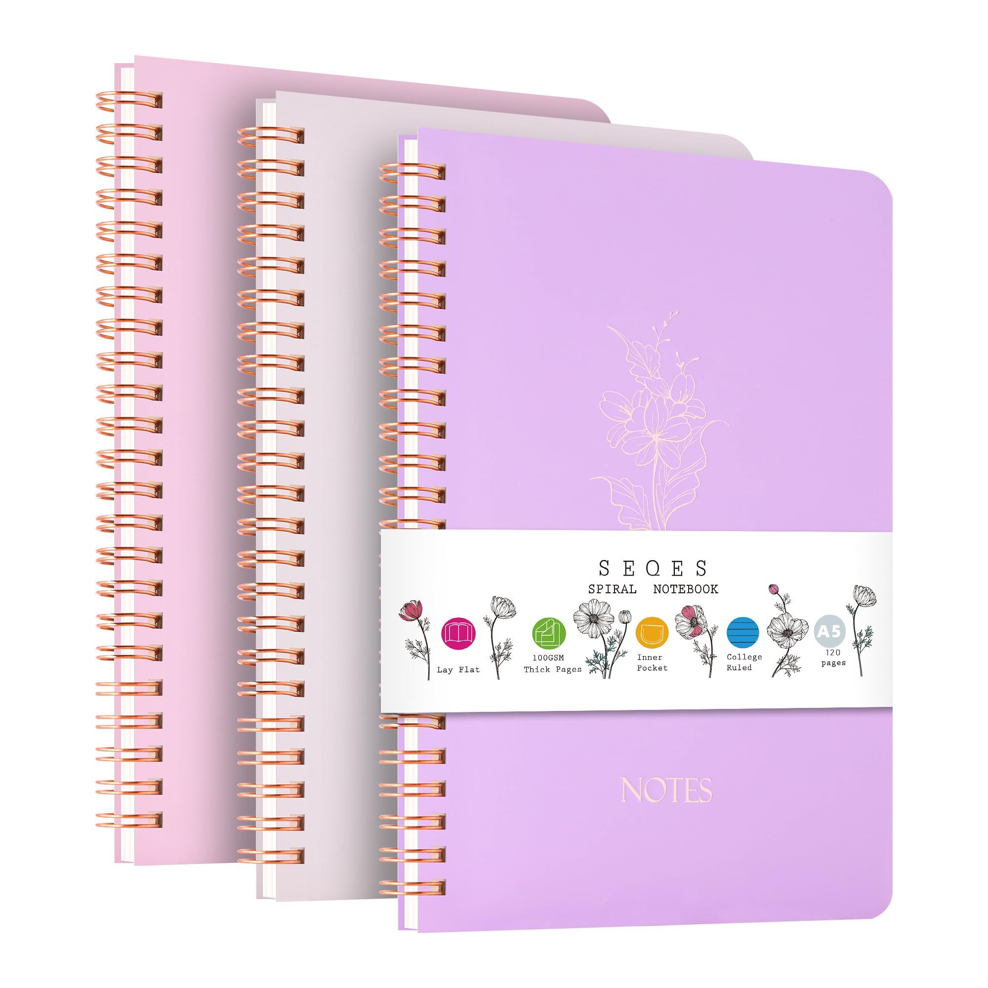 SeQeS Spiral Notebook 3 Pack - 100GSM Smooth No-Bleed Paper,120 Pages A5 8.26x5.7 Inch, 7mm Ruled Pages, Inner Pocket | Journal Writing, College,