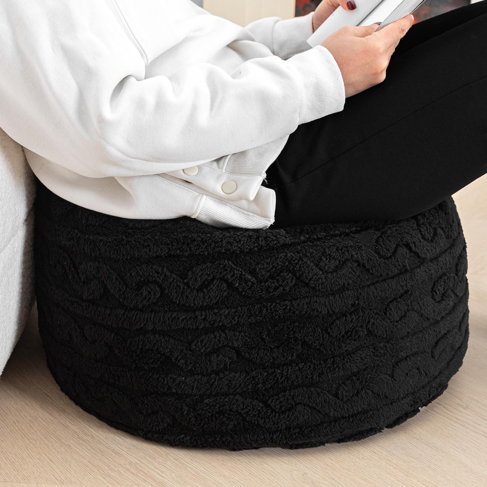 Asuprui Pouf Rond Rembourré Pour Salon, Chambre à Coucher, Repose-pieds Rembourré Style Bohème Pour Canapé, 50,8 Cm De Diamètre X 30,5 Cm De Hauteur, Bleu Marine Avec Remplissage