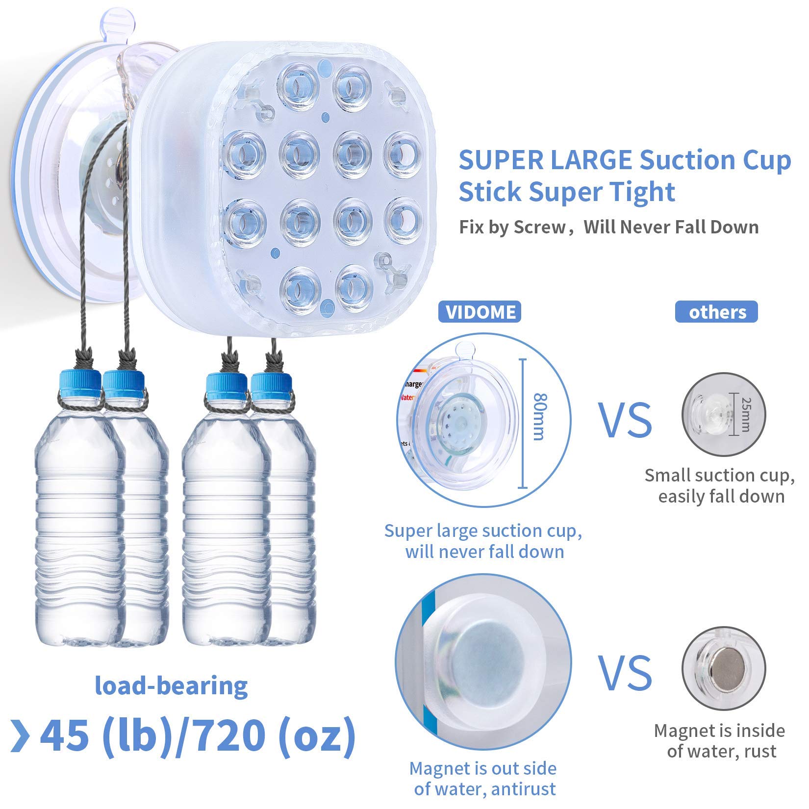 VIDOME Rechargeable Submersible LED Lights, Pool Lights for Inground Pool, Magnetic Pool Lights with Super Large Suction Cup, Underwater Light Full Waterproof LED Lights for Pool Pond Bathtub 4 Sets