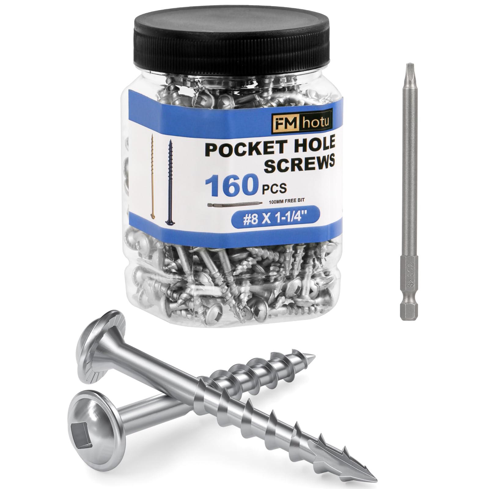 #8 Pocket Hole Screws 1-1/4 Inch, 160Pcs Coarse Thread Wood Screws, Square Drive, Washer Head, 4-Layer Coating, Drive Bit Included (Silver)