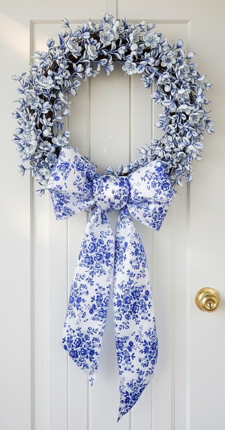 YKW Wreath Sash for Front Door Blue Rose Floral Chinoiserie Decor 55x5 Inch Ribbon Accessories Garland Bow Monogram Home Party Yard Indoor Outdoor Decoration (Chinoiserie Blue Floral)