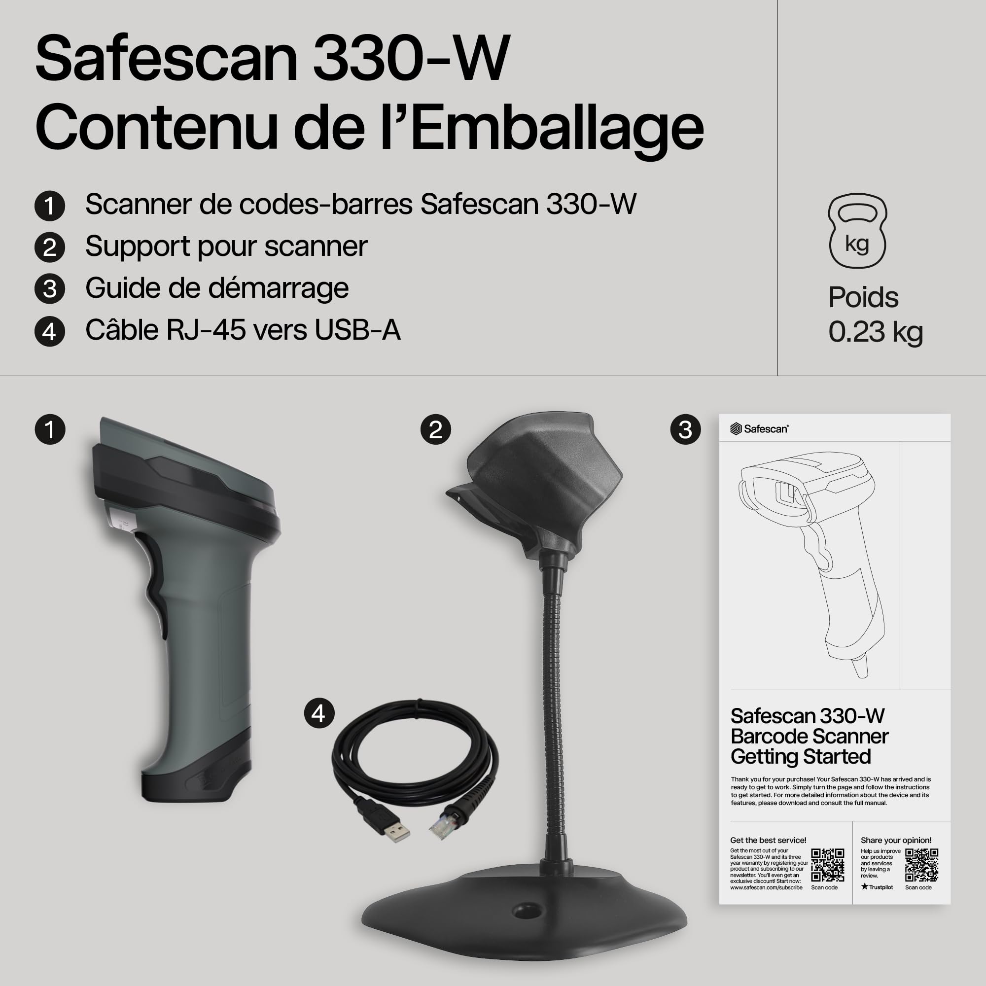Safescan 330-W - Scanner de Codes-Barres - Lecture des Codes-Barres 1D et 2D - Même endommagés ou colorés - Scanner Filaire avec câble USB - Scanner de Codes QR - Plug & Play - Support Inclus