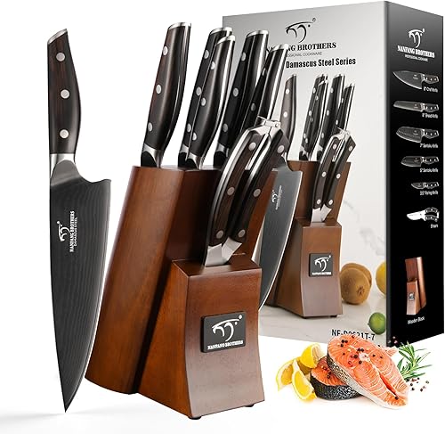 Miniatura 10 de NANFANG BROTHERS Juego de cuchillos juego de cuchillos de cocina Damasco de 9 piezas con bloque mango ergonómico ABS para juego de cuchillos de chef