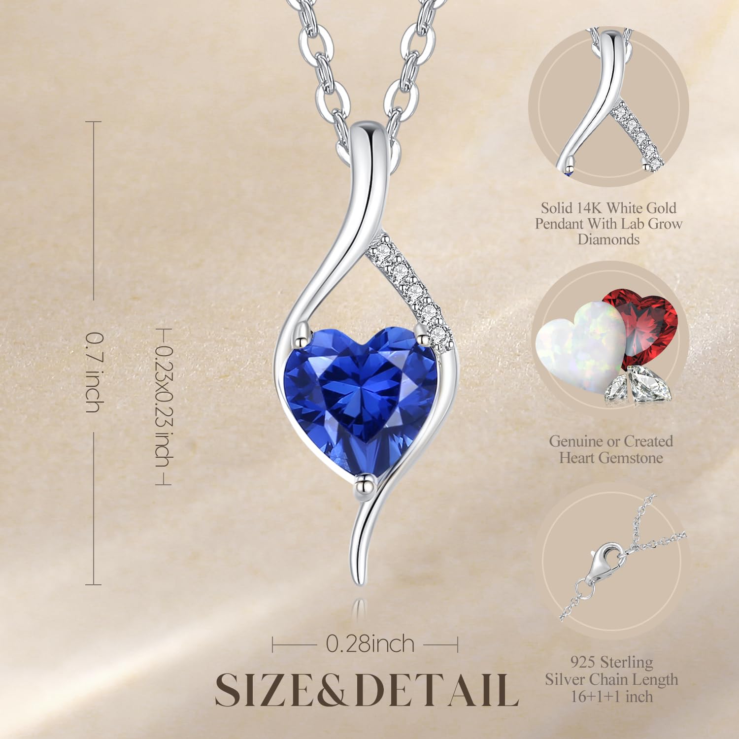 FANCIME 14K Solid White Gold Birthstone Necklace Genuine or Created 6mm Heart Gemstone Pendant with Lab Grow Diamonds Sterling Silver Chain Fine Jewelry Anniversary Birthday Gifts for Women 16" + 2": Sep-Sapphire