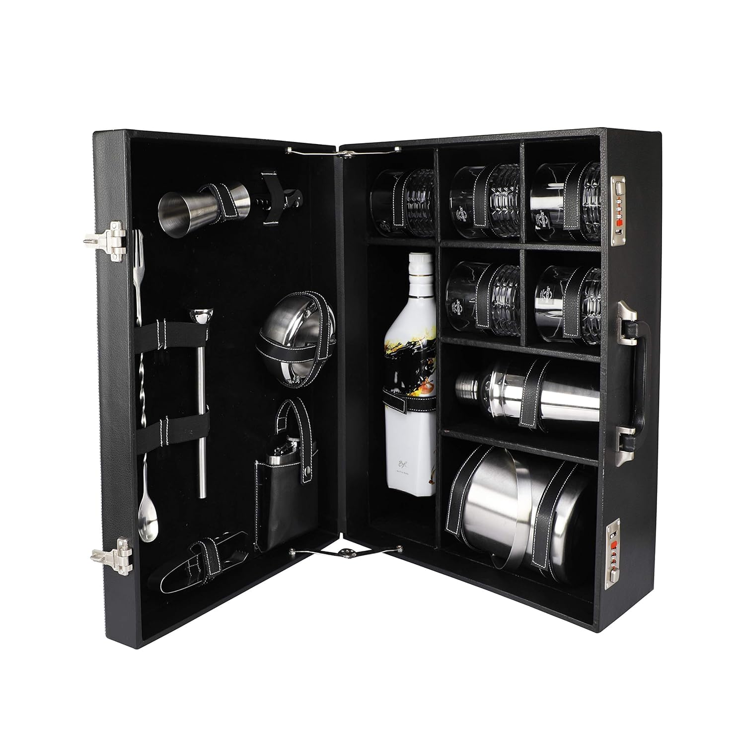 Set de bar portable en similicuir noir avec 5 verres et seau à glace cadeau pour homme