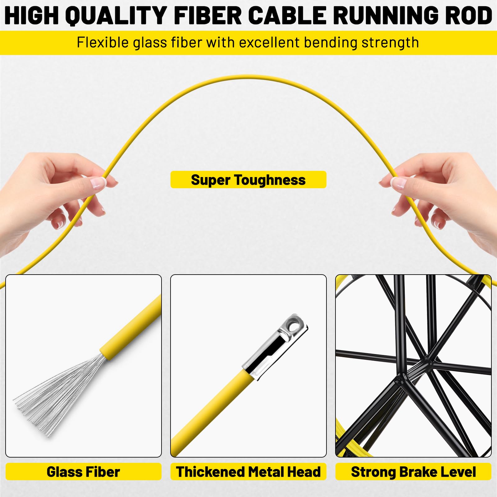 KAOLALI Tige en fibre de verre, bande de poisson, câble en fibre de verre, fil de traction, fil pointu, câble de traction, avec support en acier, enfile-câble