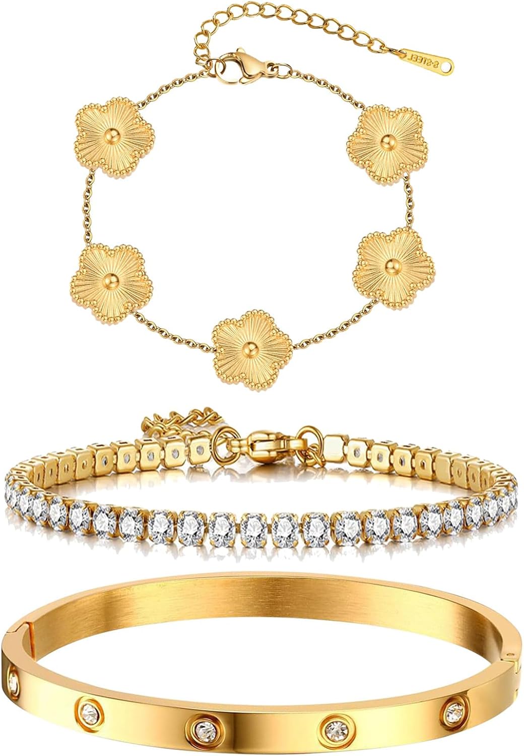 YOUNGGRACE 18K Gold Plated Bracelet Sets for Women - 3PCS Stackable Bracelets Including Bangle, Tennis Chain & Four Leaf Clover Bracelet, Elegant Gold Jewelry Set for Everyday Wear, Gift for Her