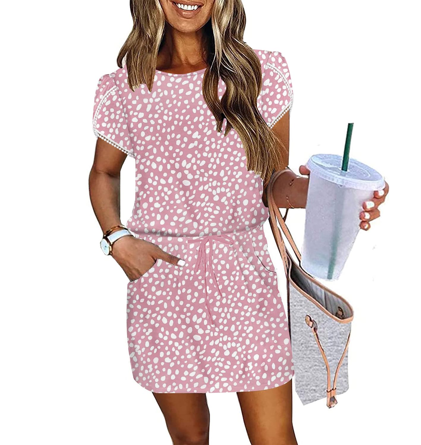 ETCYY NEW Womens Summer Dresses Tie Front Chic Mini Dress Petal Short Sleeve with Pockets