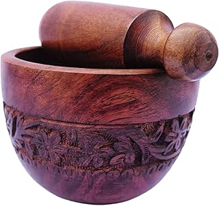 Acacia Wooden Mortar and Pestle Set | Kitchen Tool for All Grinding Purpose| Garlic Mustard Black Pepper Crusher| Medicine and Herb Crusher| Indian Okhli and Spice Crusher