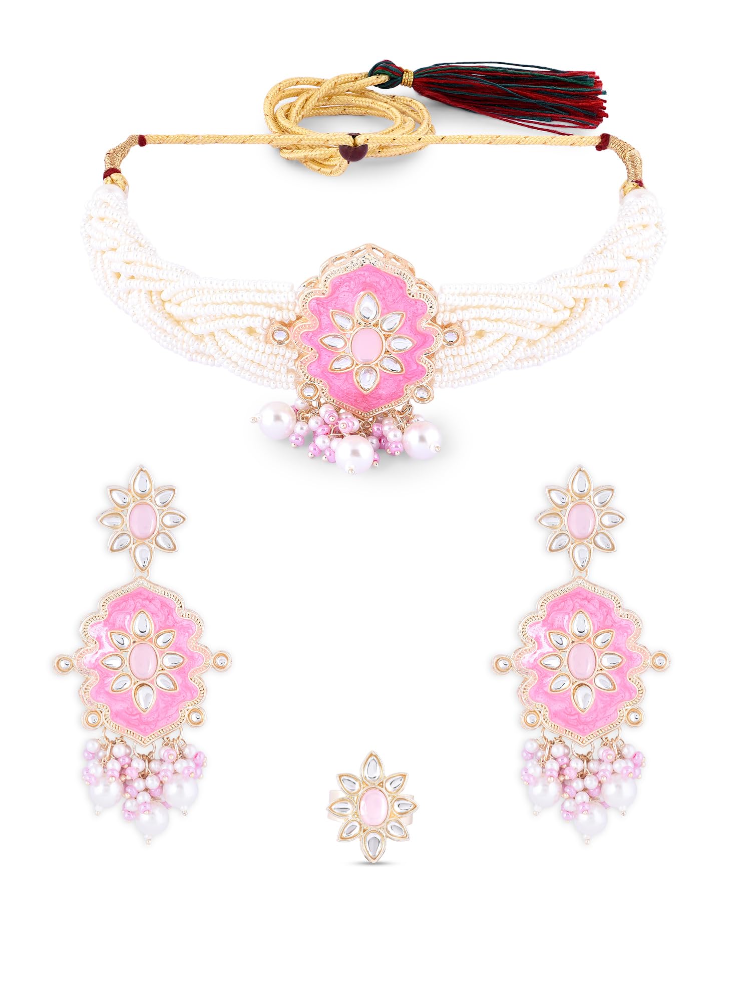 ZAVERI PEARLS Pink & White Multistrand Meenakari Kundan Choker Necklace Earring & Ring Set For Women-ZPFK16502 (B0CGHQ5YDR) Amazon Price History, Amazon Price Tracker