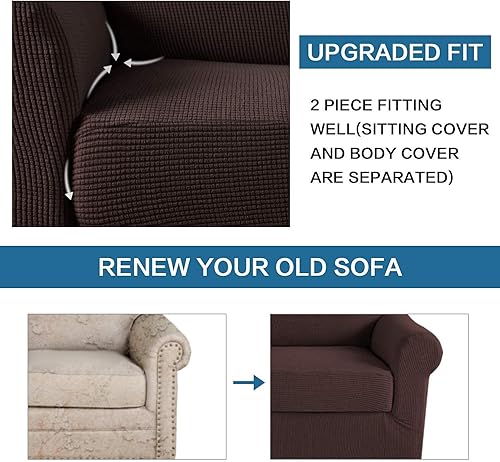 Miniatura 3 de H.VERSAILTEX Fundas elásticas para sofá de 2 piezas, color marrón, de alta elasticidad, 2 piezas, tela jacquard de elastano, súper suave,