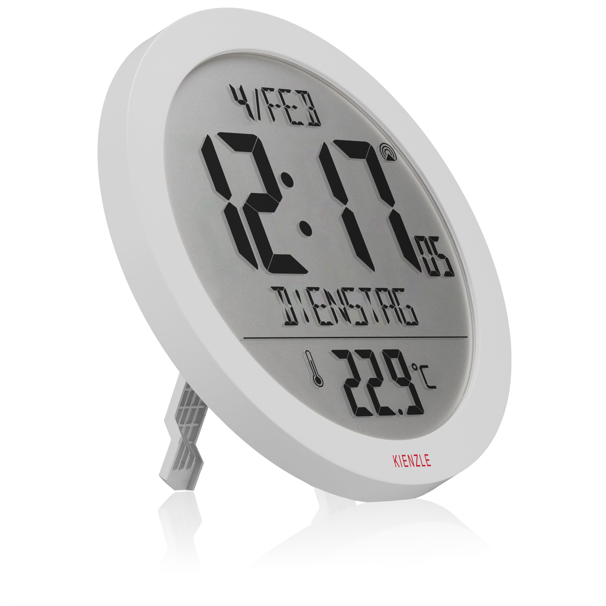 Kienzle Funkwanduhr Tischuhr mit Temperaturanzeige 18,7 cm Display DCF-Zeit Datum 2 Weckzeiten Schlummer weiß