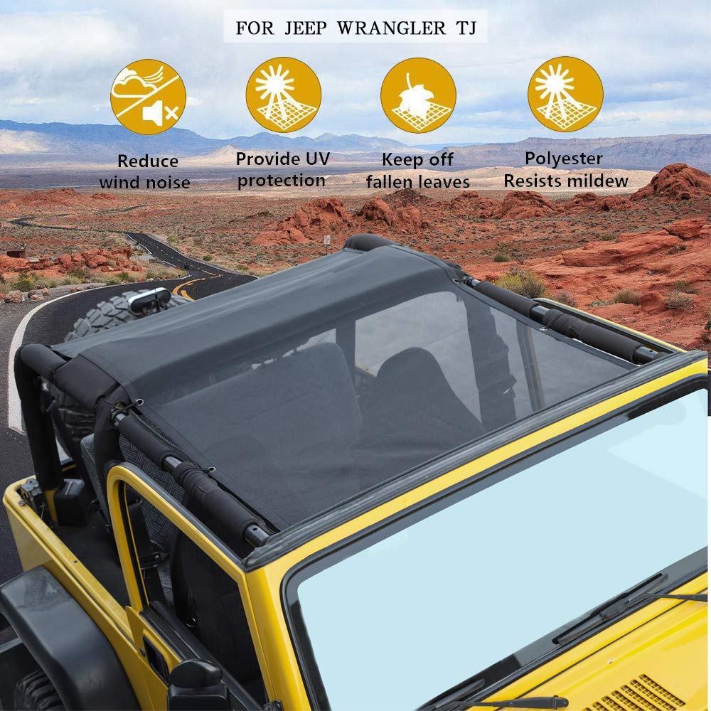 Mesh Shade Bikini Top UV Protection Sunshade Cover Front & Rear Passengers for Jeep Wrangler TJ 1997-2006 (Plain Black)