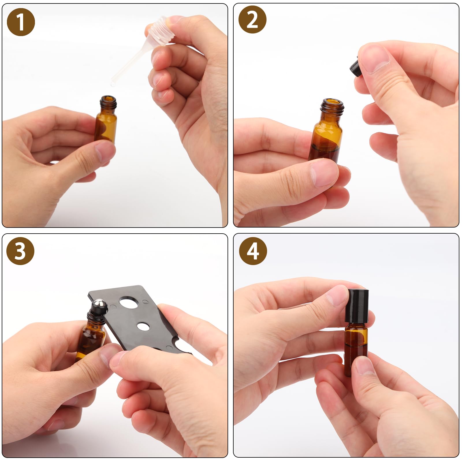 Roll on Botellas de cristal para aceite esencial, 48 unidades de 5 ml, aceites esenciales vacío, con bolas de rodillo de acero inoxidable para aceites esenciales, perfumes