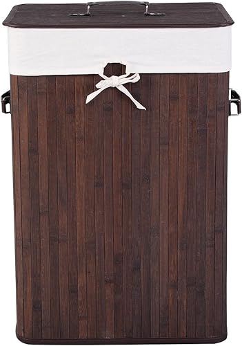 Miniatura 5 de GOFLAME Cesta portátil de bambú para ropa sucia, cesta de almacenamiento de ropa sucia con tapa y forro extraíble, gran contenedor de ropa con asas,