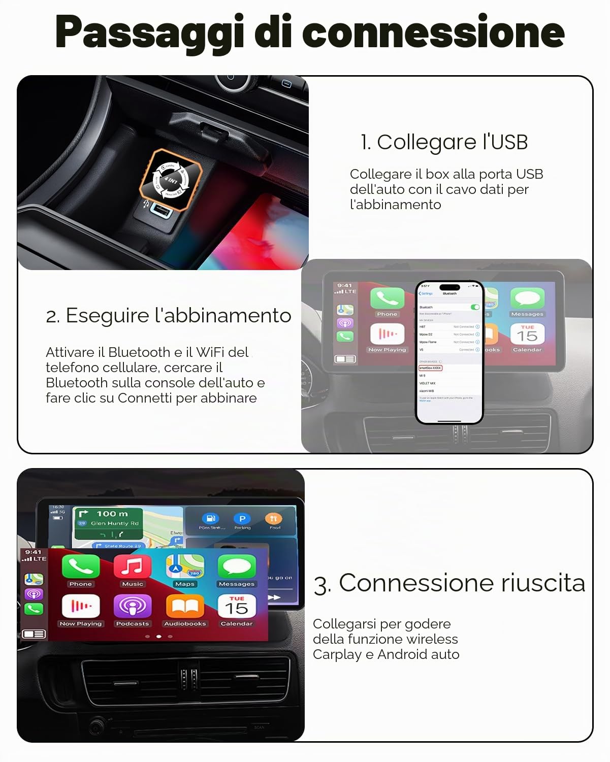 Adattatore wireless CarPlay 4 in 1 e dongle auto Android, supporta AirPlay e MirrorLink Screen MirrorLink, connessione veloce stabile a 5,8 GHz, Plug and Play per auto con CarPlay cablato di