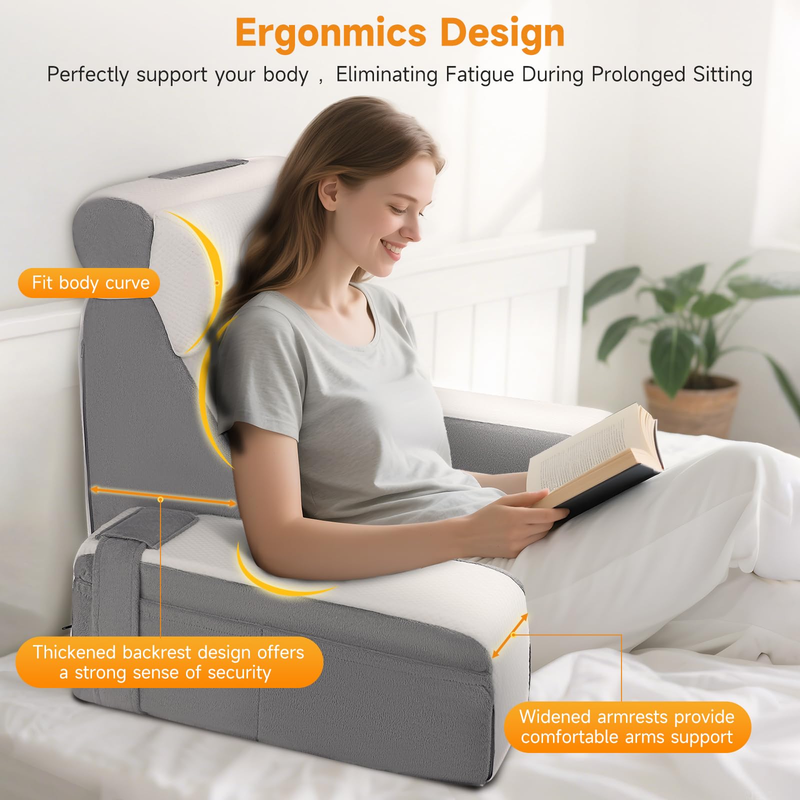 Cuscino da Lettura per Letto e Divano, Cuscino Lombare in Memory Foam con Cuscino Cervicale e Braccioli Rimovibili, Cuscino Lombare per Adulti per Leggere Guardare la TV Videogiochi