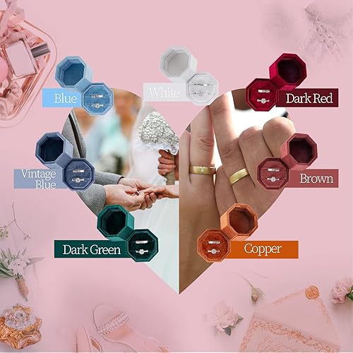 Miniatura 7 de Smileshe Caja de anillos, cajas de joyería de terciopelo para propuesta de compromiso, ceremonia de boda, mini octágono con ranura de doble anillo