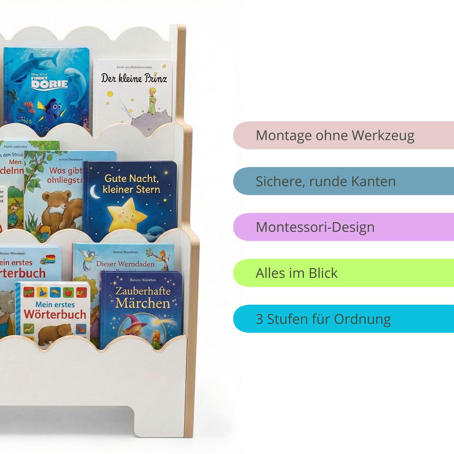 Montessori Kinderregal Weiß – Stabiles Bücherregal für Kinder – Regal für Spielzeug und Bücher – Erhältlich in 63, 73, 83 cm Breite (83cm)