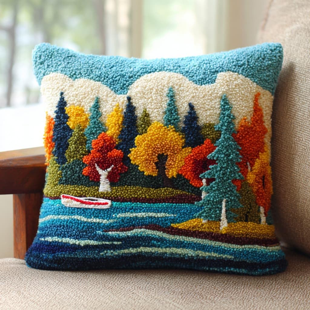 WallustrioaW Latch Hook Pillow Case Kits,Lake Scenery