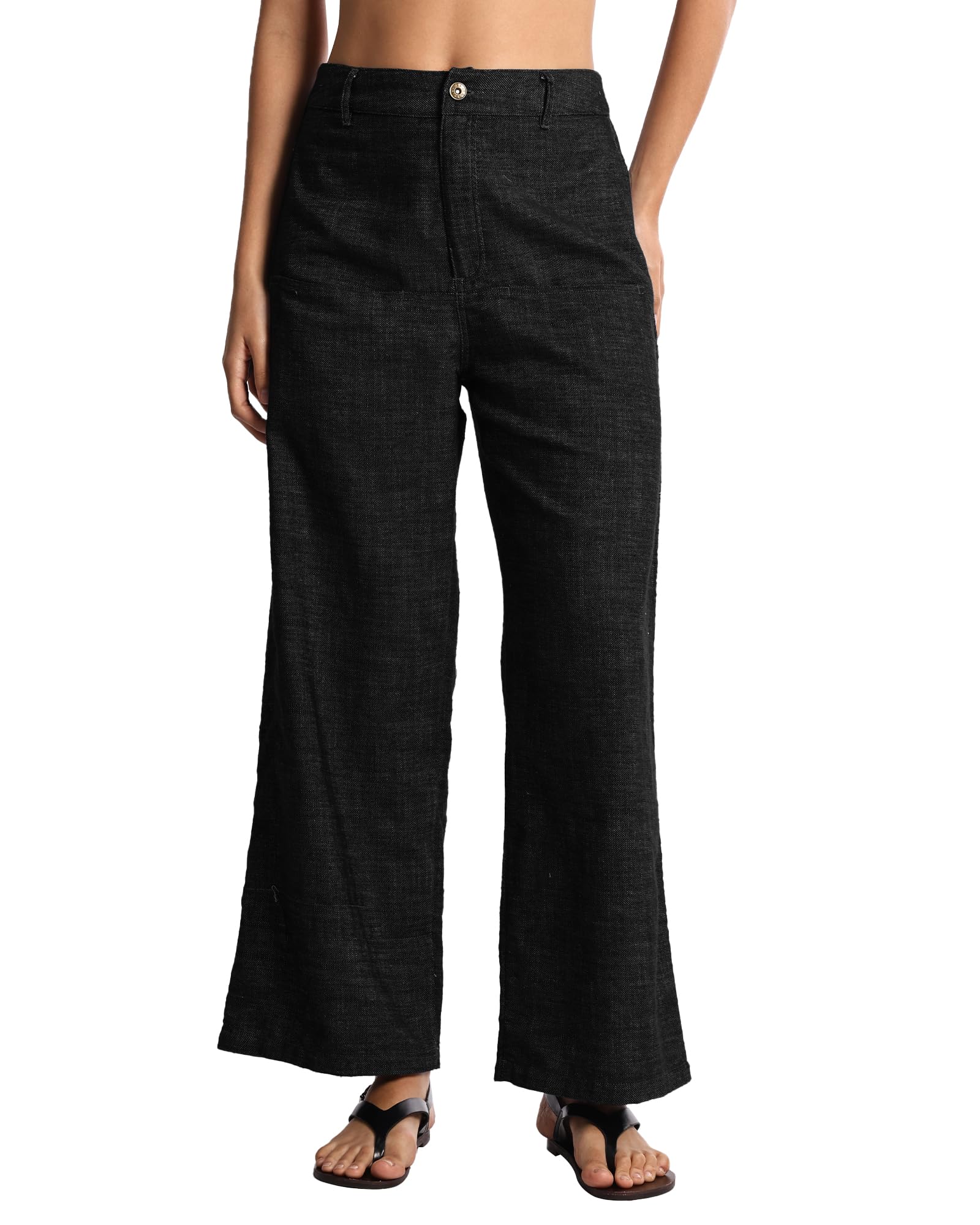 Womens Linen Blend Jeans Low Rise Wide Leg Vintage Denim Pants with Pockets