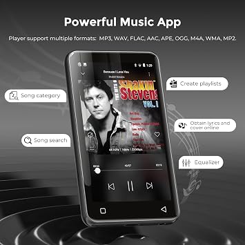 MP3 Player with Bluetooth and WiFi 4 Inch Full Touch Screen MP4 MP3 Player with Spotify Android Streaming Music Player Portable HiFi Sound Digital Audio Player with Speaker Dark Grey