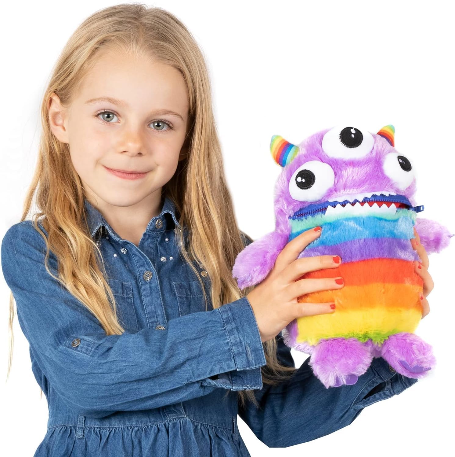 Children's Monster Soft Toy - 28cm (11") Soft Cuddly Toy For Kids - Boys & Girls Anxiety, Stress & Fear Reducing Sleep Companion - Purple 'Zipper'