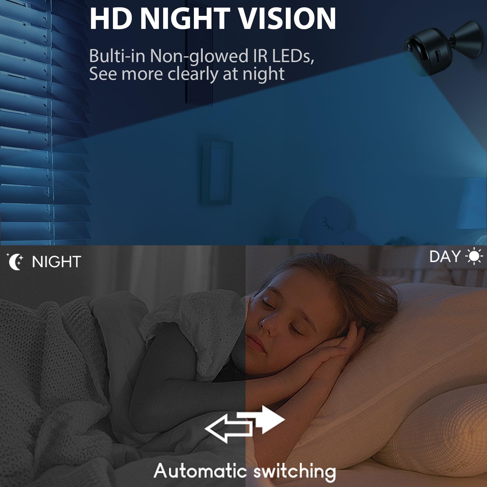 Mini caméra de sécurité intérieure sans fil 1080p, autonomie de la batterie améliorée de 60 jours, vision nocturne automatique, détection de mouvement PIR, prise en charge du Wi-Fi 5G, visualisation à