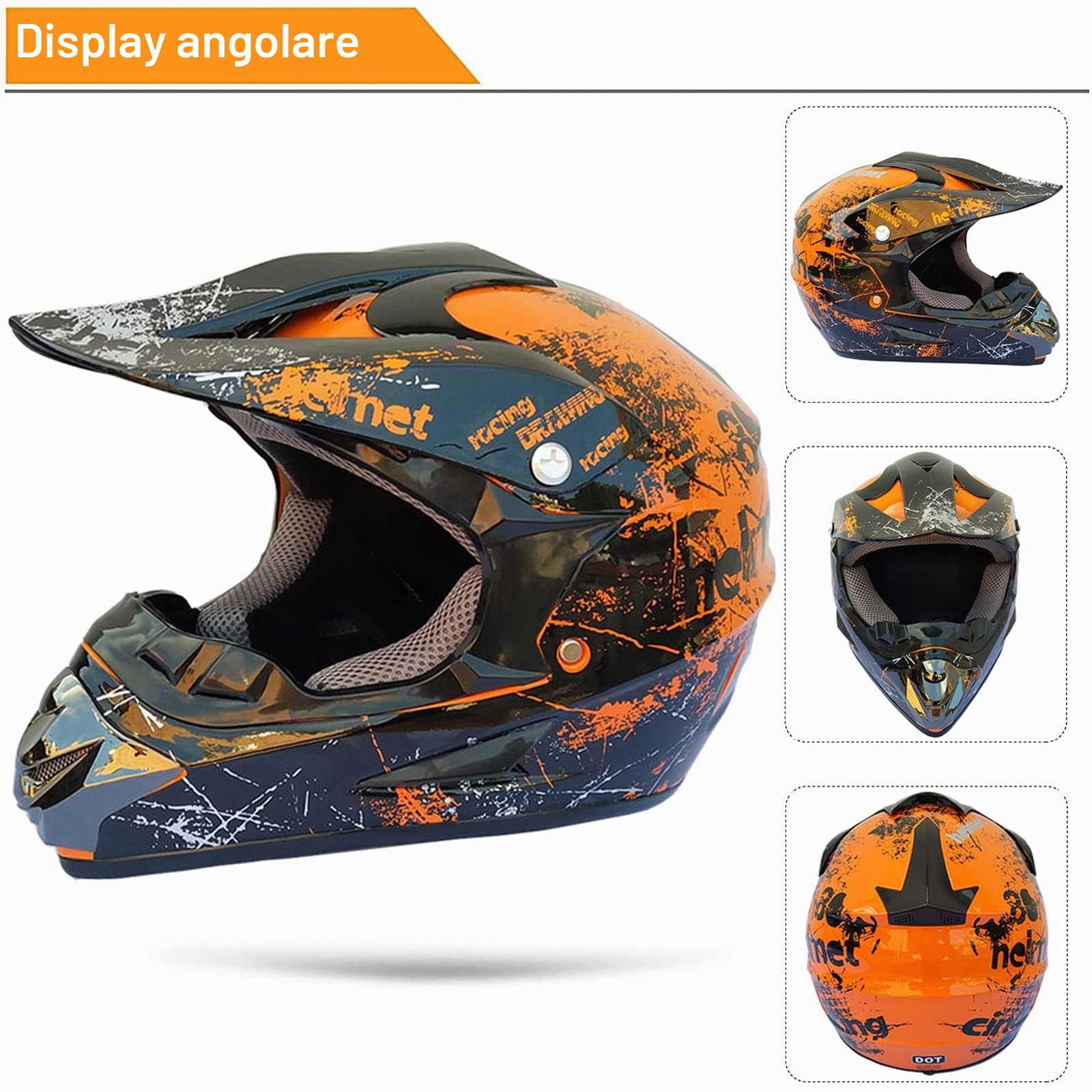 Casco da Motocross Integrale per Adulti e Bambini - Con Occhiali, Guanti, Face Mask, Rete - Per ATV MX Quad Bike Go-Kart - Calotta in ABS - Orange-L