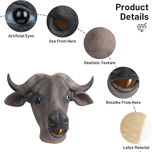 Miniatura 5 de PartyHop Máscara de búfalo con cabeza de animal de látex de cabeza completa, máscaras realistas para Halloween, carnaval, fiesta de disfraces