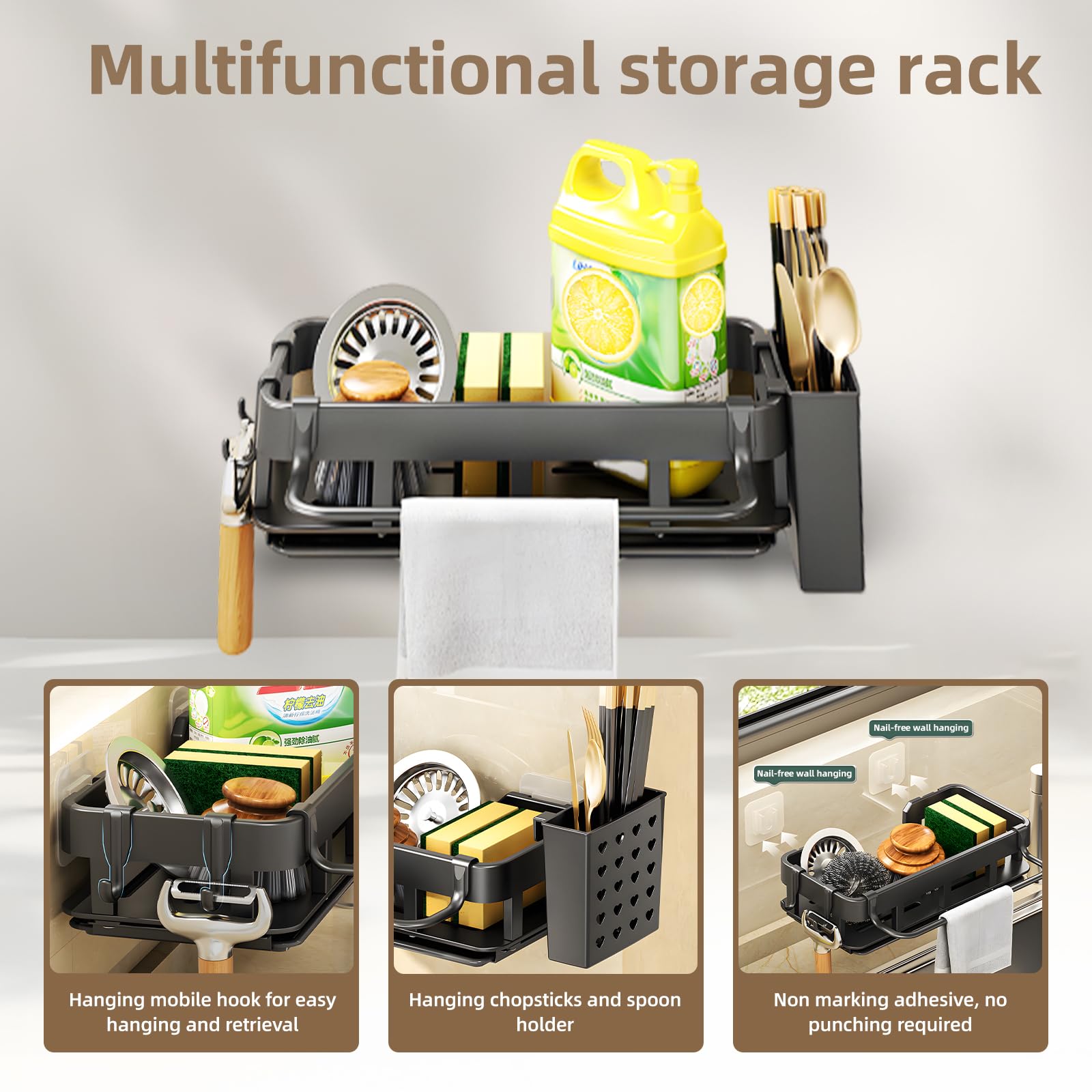 Organizzatore Sottolavello Cucina - Autoadesivo, Senza Fori, Con Porta Detersivi, Ganci E Portasciugamani