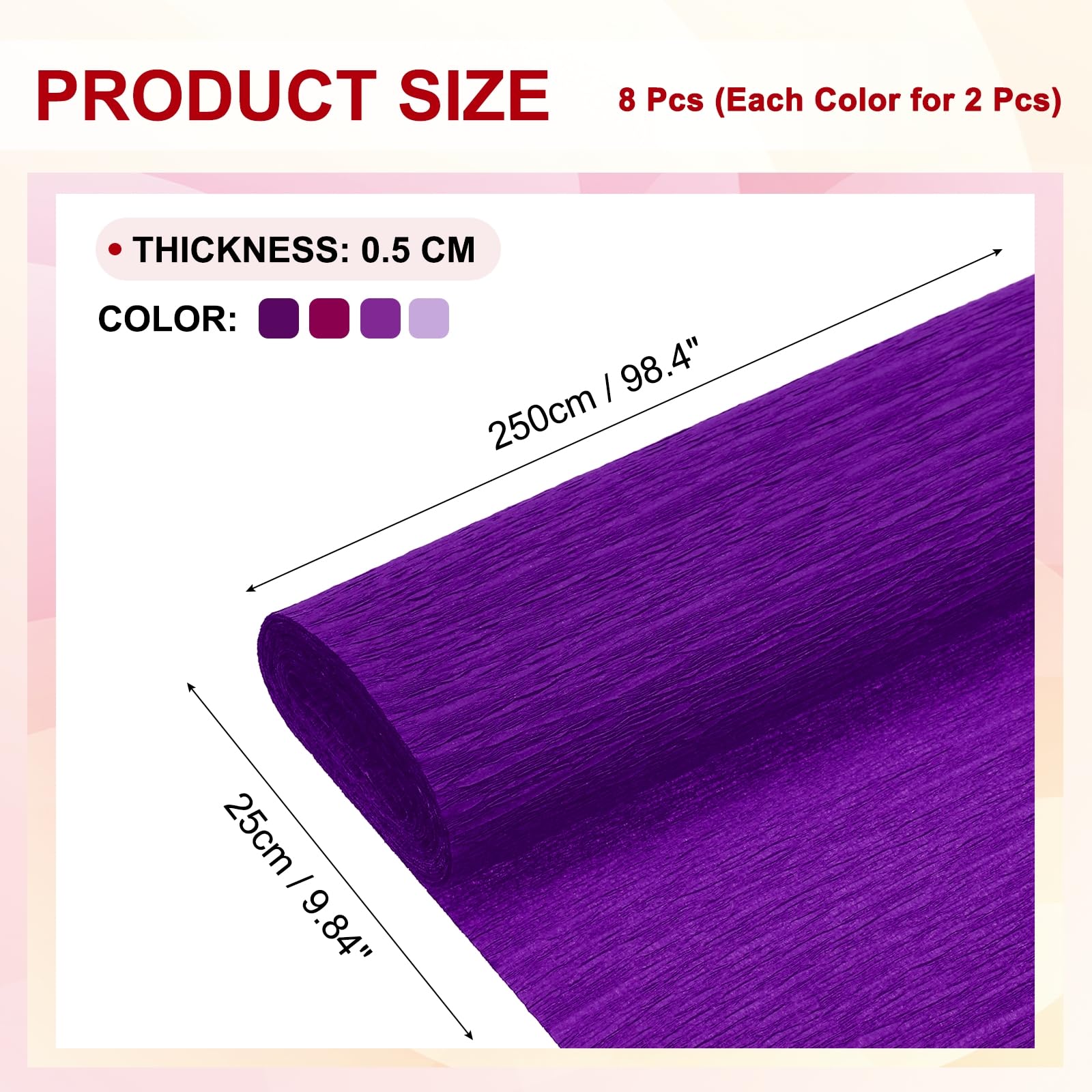 QUARKZMAN 8 Stück 4 Farben Krepppapier, 25cm x 2.5m Floristen Krepp Papier Bunt für Handwerke, Party, Schulpapier, Blumen DIY (Hellviolett, Dunkelviolett, Violett, Rosenrot)