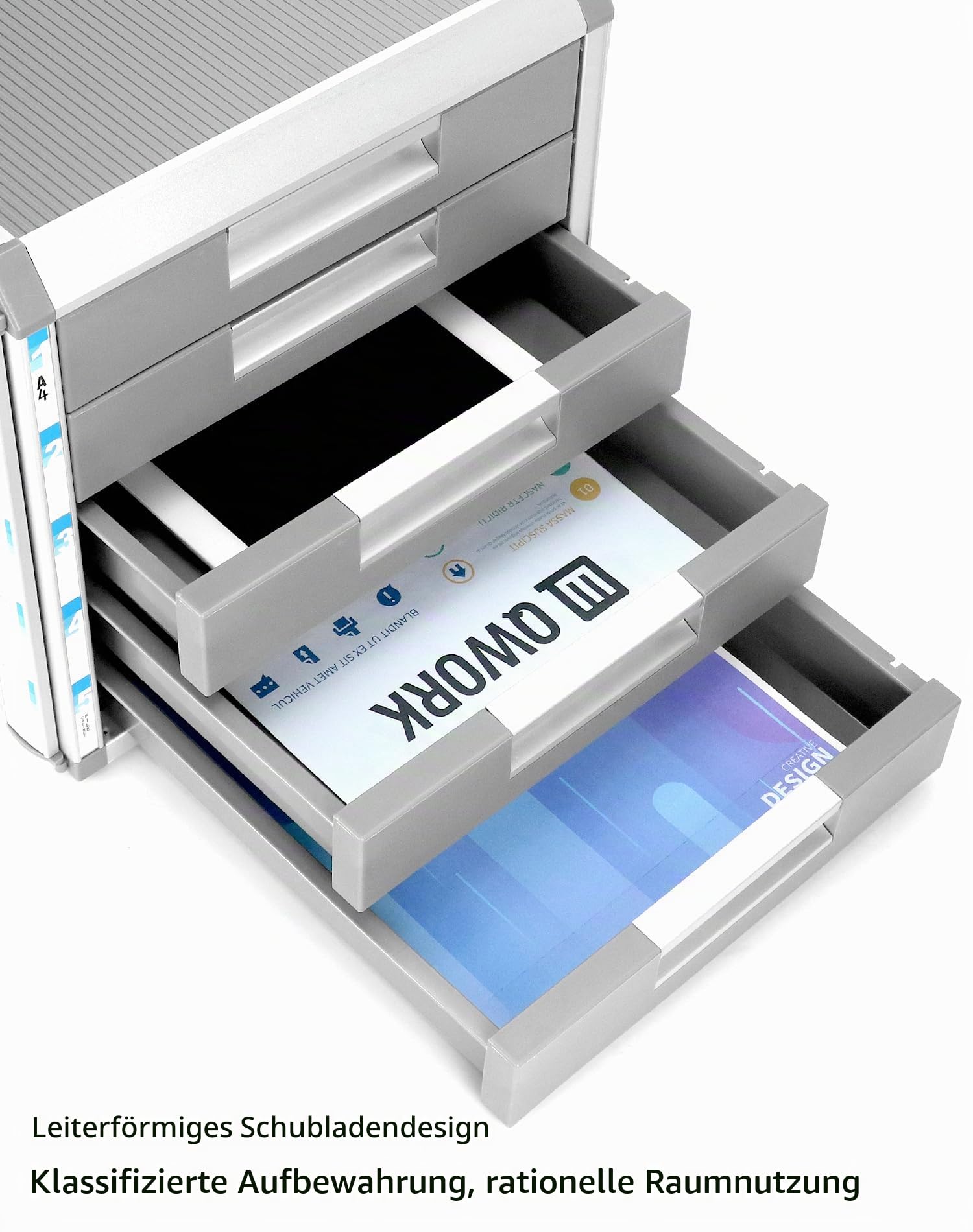 QWORK® Schubladenbox A4, 5 Fächer, Mit Schloss, Aluminiumlegierung, Silber