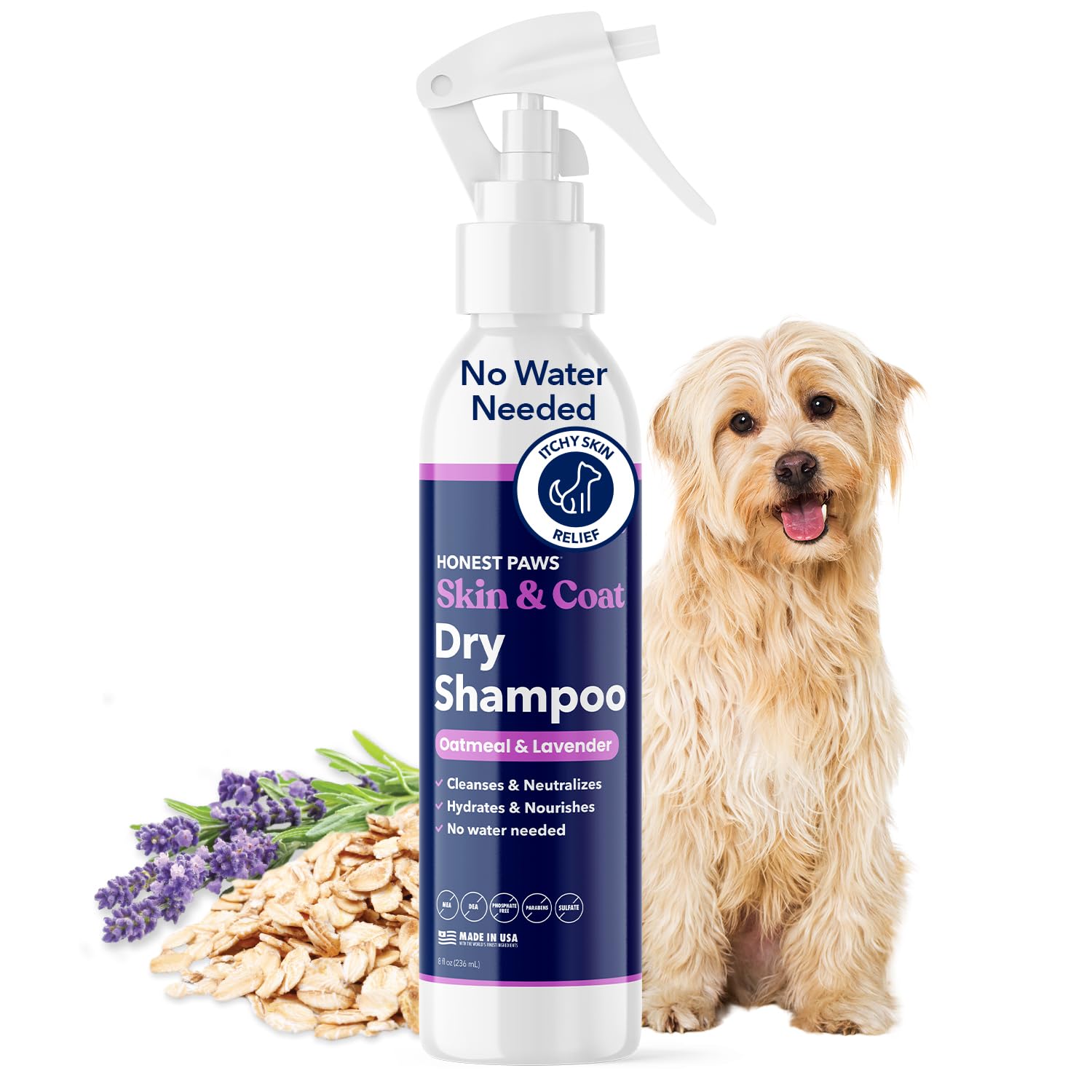 Honest Paws - Champú seco para perros, sin agua, sin enjuague, fórmula espumosa que reduce el picor, limpia, hidrata y nutre la piel seca