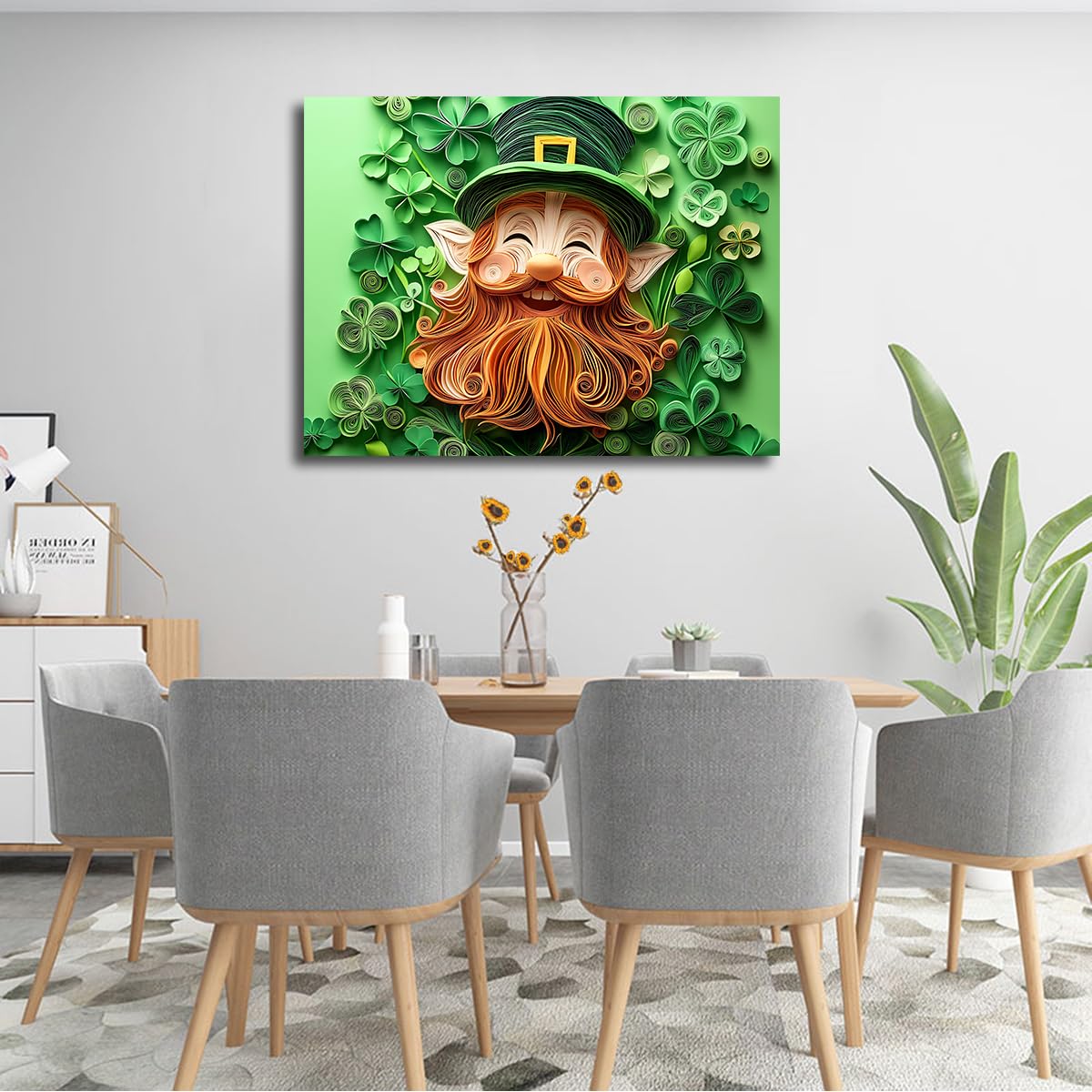 St. Patrick's Day sztuka na płótnie fantazyjne zbliżenie twarzy zielony kapelusz wirujący papier sztuka quilling żywe obrazy plakatowe do dekoracji mieszkania 90 x 110 cm