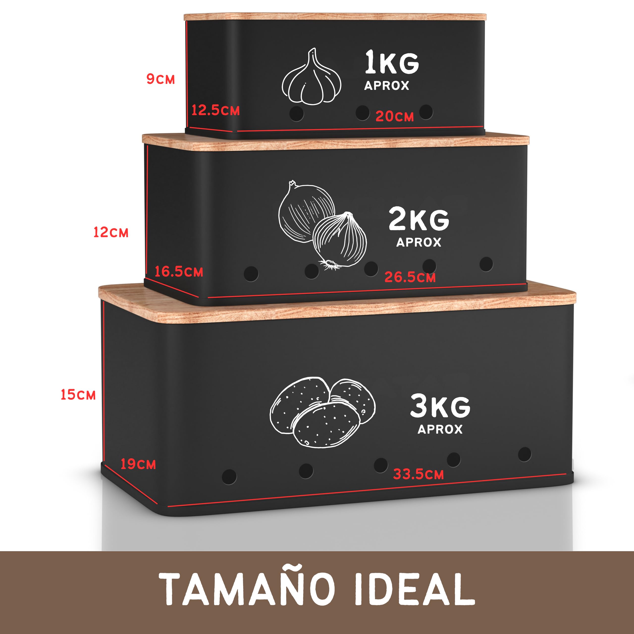 Set Organización Cocina 4 Piezas: Panera + Juego de 3 Botes para Patatas, Cebollas y Ajos. Cajas de Almacenaje Metal Negro Mate con Tapa de Bambú y Ventilación