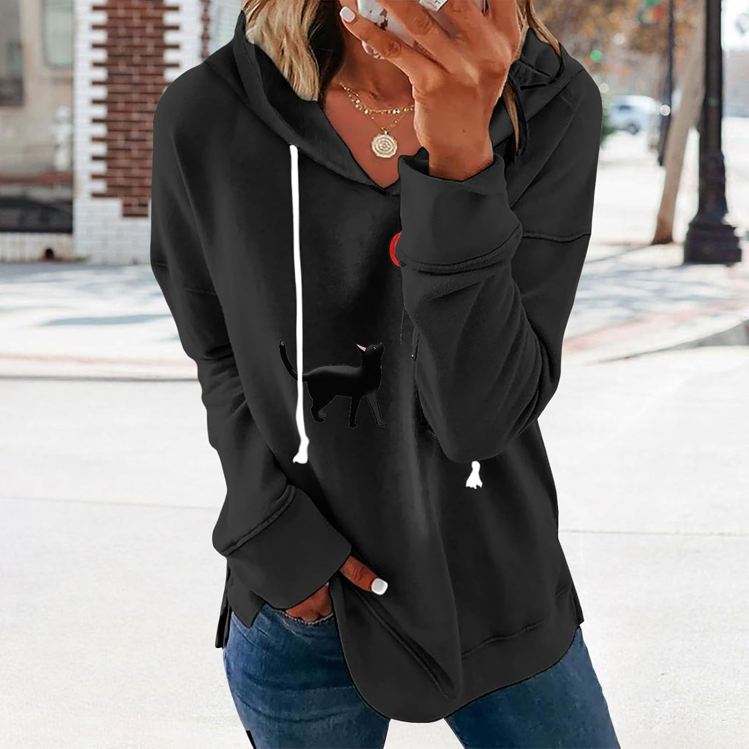 Women's Brick Red Hoodie Pullover Sweatshirt Cotton Blend Loose Fit Long Sleeve Fall Winter Top - Image 2
